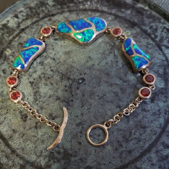 Blue fire opal and blood garnet s.s. bracelet - Picture 5 of 11